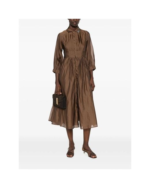 Max Mara Brown Crystal-Embellished Pleated Midi Dress
