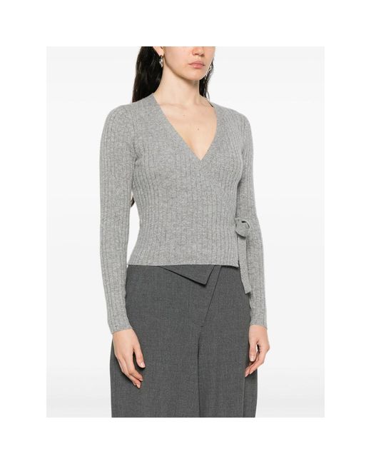 Allude Gray Ribbed Self-Tie Cardigan