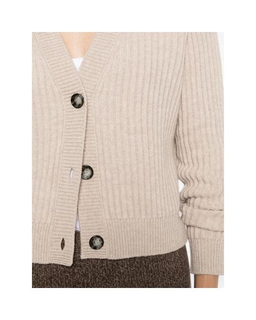 Allude Natural Ribbed-Knit V-Neck Cardigan