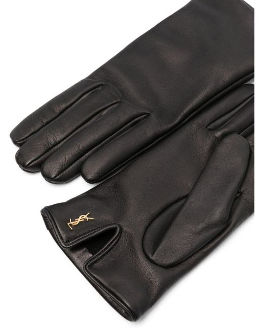 Saint Laurent Black Logo-Plaque Leather Gloves
