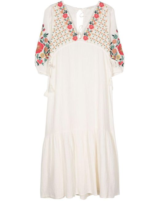 Louise Misha White Bali Floral-Embroidered Midi Dress