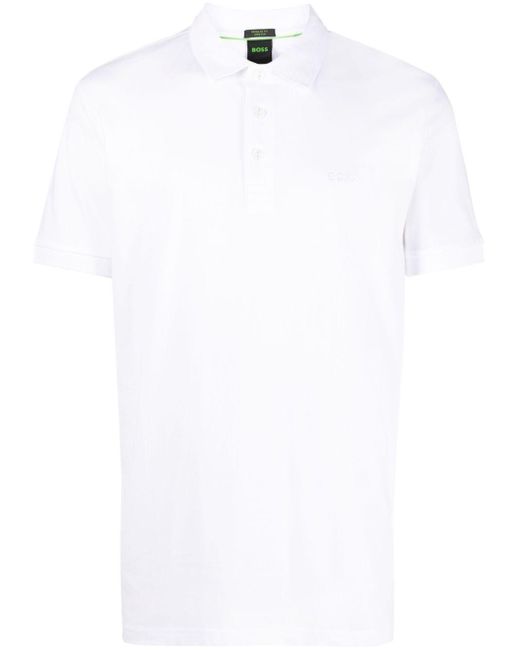 Boss White Logo-Embroidered Cotton Polo Shirt for men