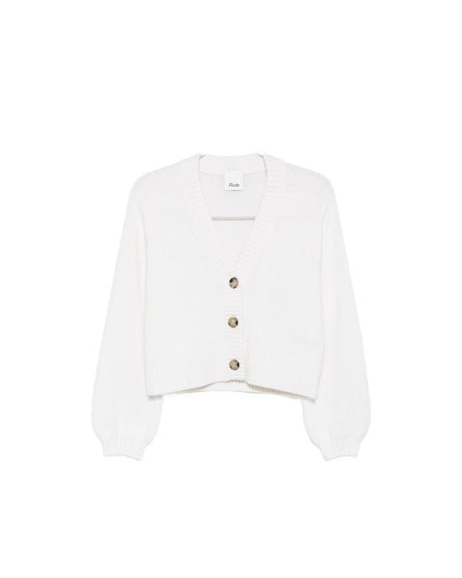 Allude White Ribbed-Trim V-Neck Cardigan
