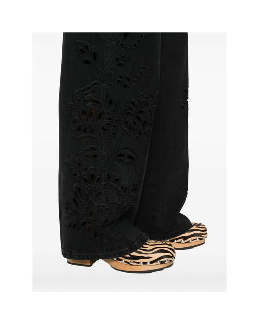 Farm Rio Black Floral-Appliqué Five-Pockets Jeans