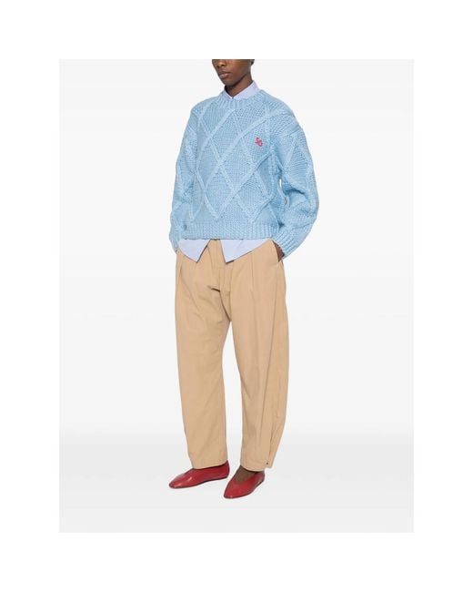 Stine Goya Blue Cable-Knit Embroidered-Logo Sweater