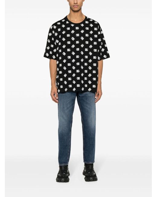 Dolce & Gabbana Black Monogram-Print Cotton T-Shirt for men