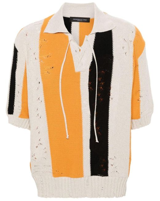 FEDERICO CINA Orange Distressed Striped Polo Shirt for men