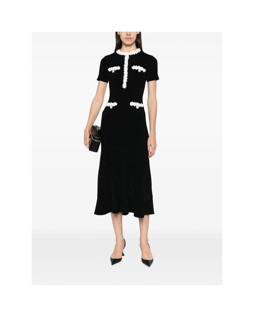 Self-Portrait Black Floral-Appliqué Ribbed-Knit Midi Dress