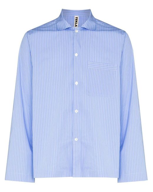 Tekla Blue Pinstriped Poplin Pajama Shirt