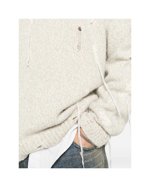 Atomo Factory White Distressed Crew-Neck Sweater for men