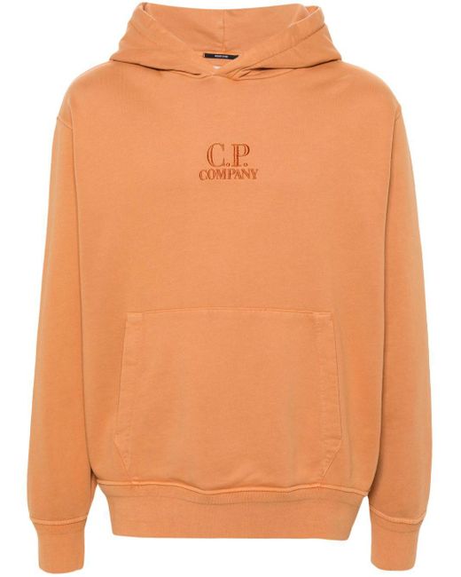 C P Company Orange Logo-Embroidered Cotton Hoodie for men