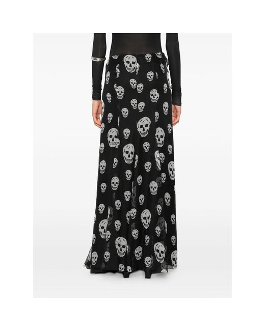 McQueen Black Skull-Print Draped Maxi Skirt
