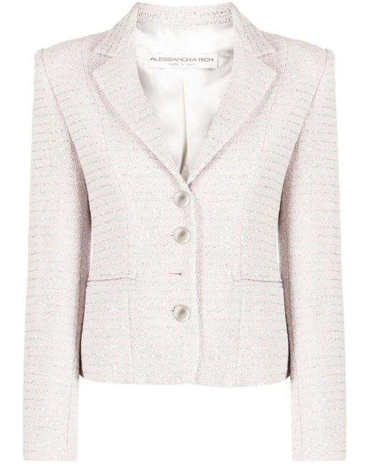 Alessandra Rich White Embellished Single-breasted Tweed Blazer