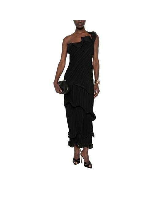Cult Gaia Black One-Shoulder Plissé-Effect Midi Dress