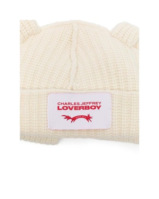 Charles Jeffrey White Side-Ear Logo-Path Beanie Hat for men