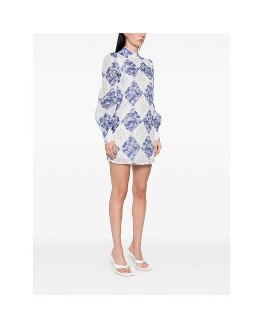 Twinset Blue Long-Sleeve Floral-Detail Mini Dress