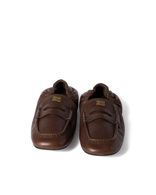 Miu Miu Brown Embossed-Logo Loafers
