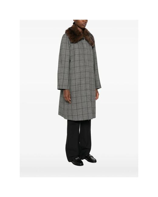 Tela Gray Check Faux-Fur Collar Coat