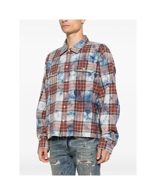 Purple Brand Blue Bleached-Effect Check-Pattern Shirt for men