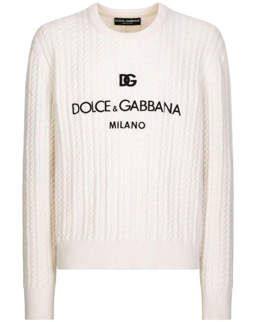 Dolce & Gabbana White Logo-embroidery Virgin Wool Sweater for men