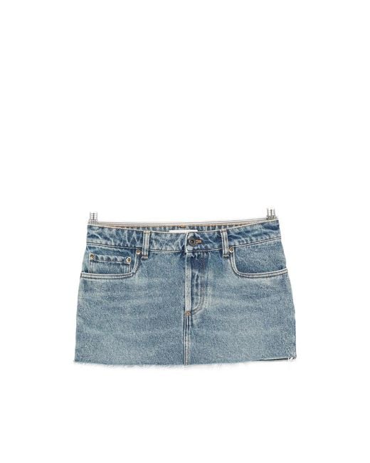 Miu Miu Blue Logo-Patch Frayed-Hem Mini Denim Skirt