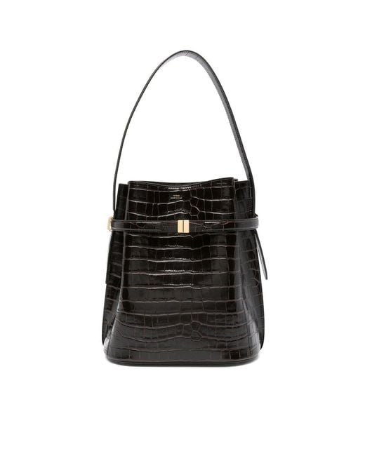 Totême Black Belted Crocodile-Embossed Bucket Bag