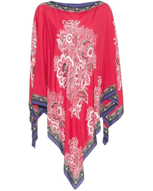 Etro Red Floral-Print Boat-Neck Poncho