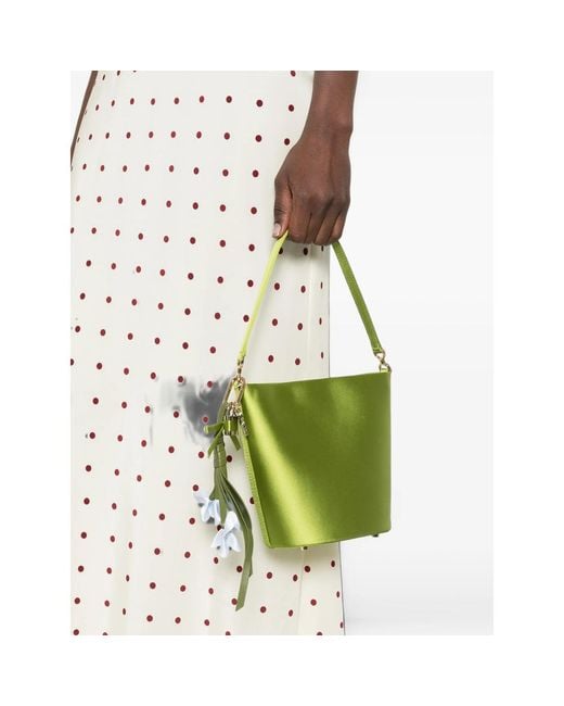 Self-Portrait Green Floral-Charm Satin Bucket Bag