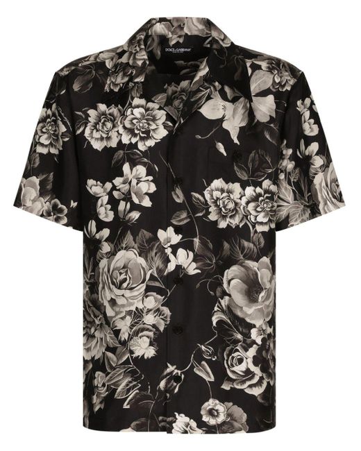 Dolce & Gabbana Black Floral-Print Silk Shirt for men