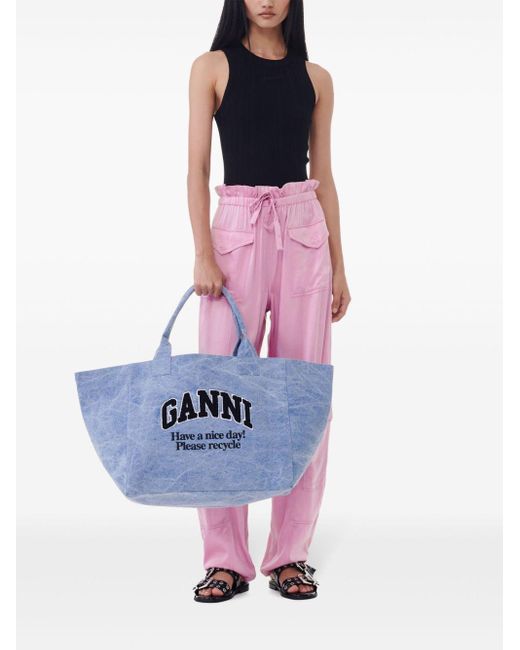Ganni Blue Logo-Embroidered Tote Bag