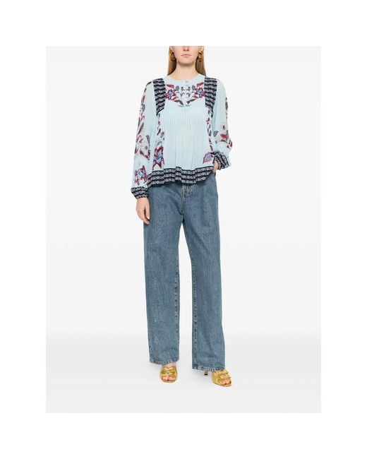 Farm Rio Blue Marcelle Floral-Print Pleated Blouse