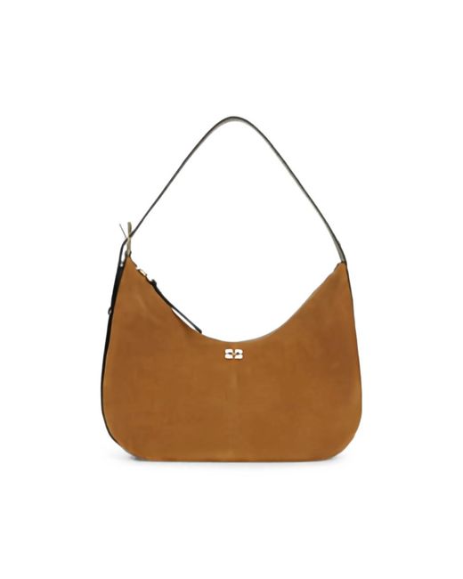 Ganni Brown Logo-Plaque Suede Shoulder Bag