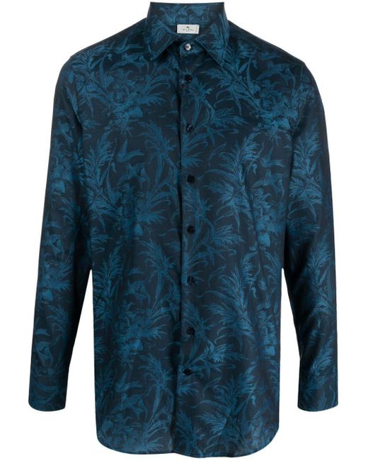 Etro Blue Leaf-Print Long-Sleeve Shirt for men