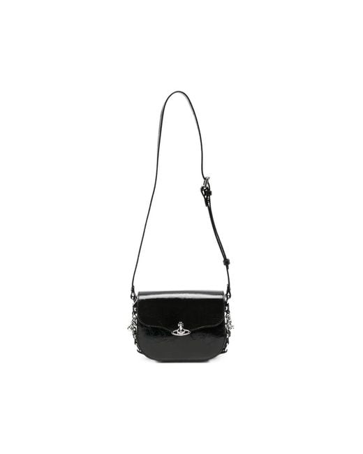 Vivienne Westwood Black Orb-Plaque Crinkled-Finish Shoulder Bag