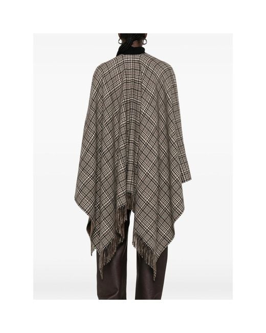 Brunello Cucinelli Gray Check-Pattern Fringed Poncho