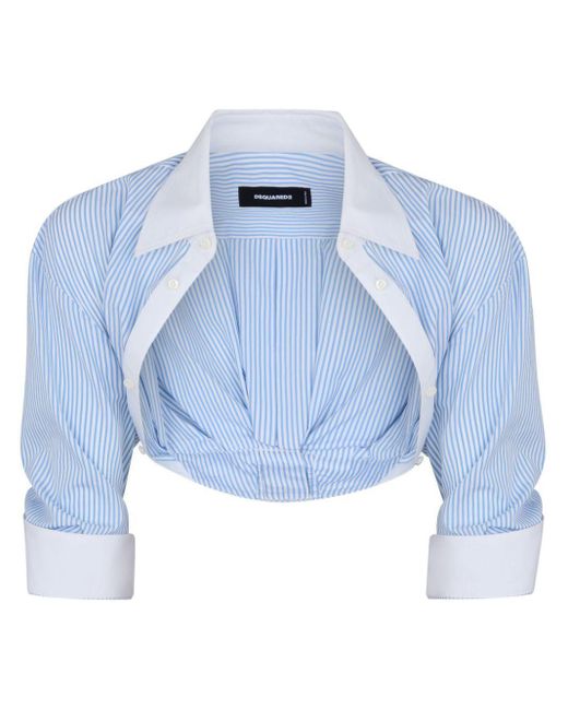 DSquared² Blue Striped Cotton Cropped Blouse