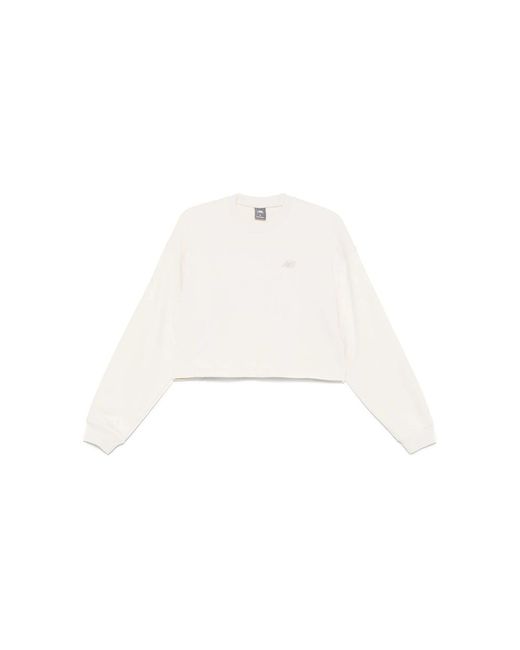 New Balance White Logo-Embroidered Cropped Sweatshirt