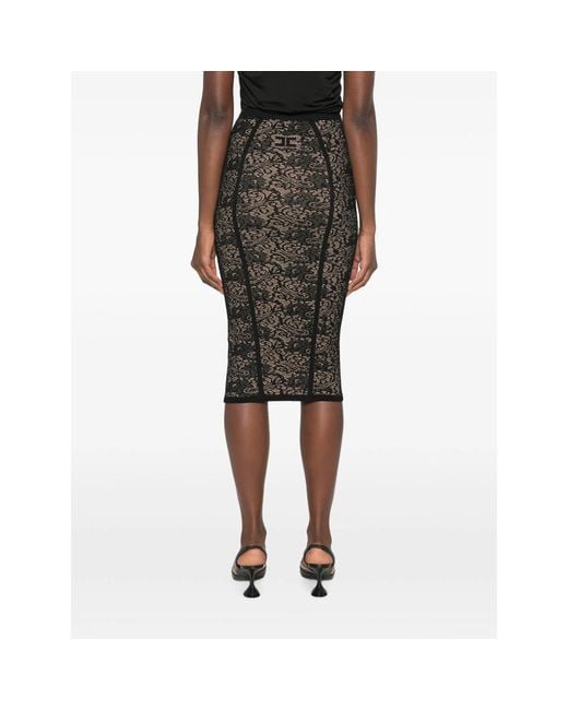 Elisabetta Franchi Black Lace-Pattern Logo-Detail Midi Skirt