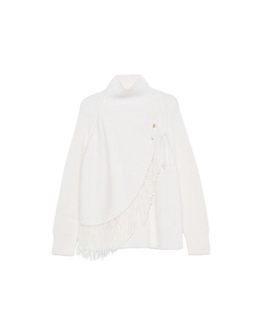 Carven White Fringed High-Neck Knit
