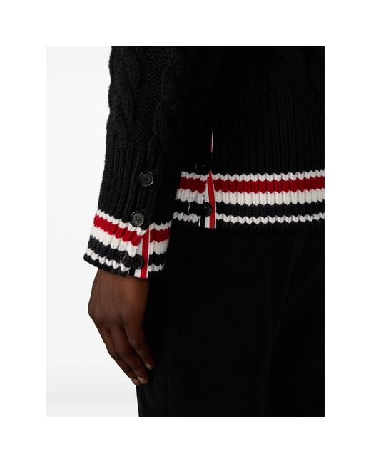Thom Browne Black Classic Cable Knit Cardigan With Tricolor Accents for men