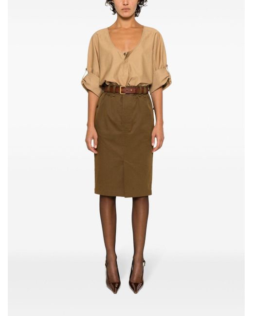 Saint Laurent Green Belted Cotton Pencil Skirt