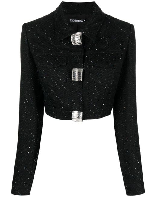 David Koma Black Sequin-embellished Bouclé Cropped Jacket