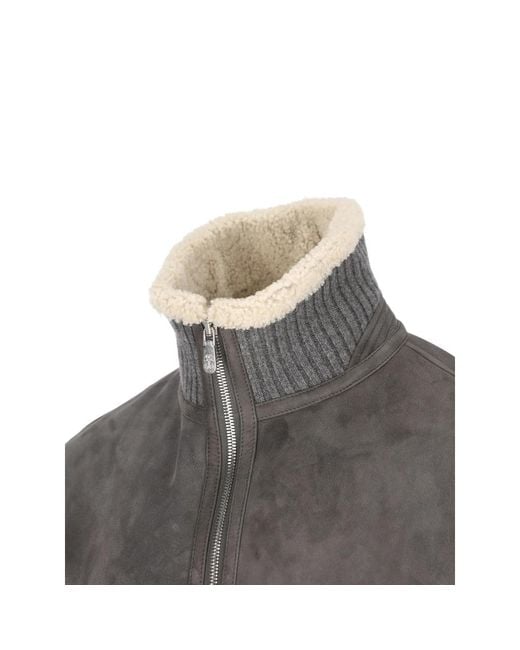 Brunello Cucinelli Gray Shearling-Trim Ribbed Jacket for men