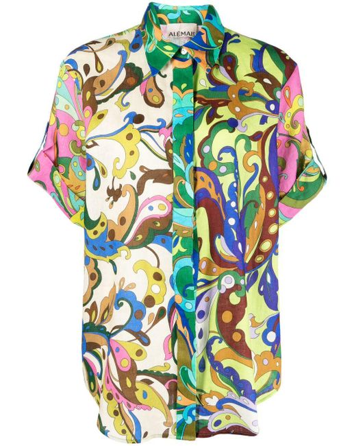 ALÉMAIS Green Yvette Floral-Print Linen Shirt
