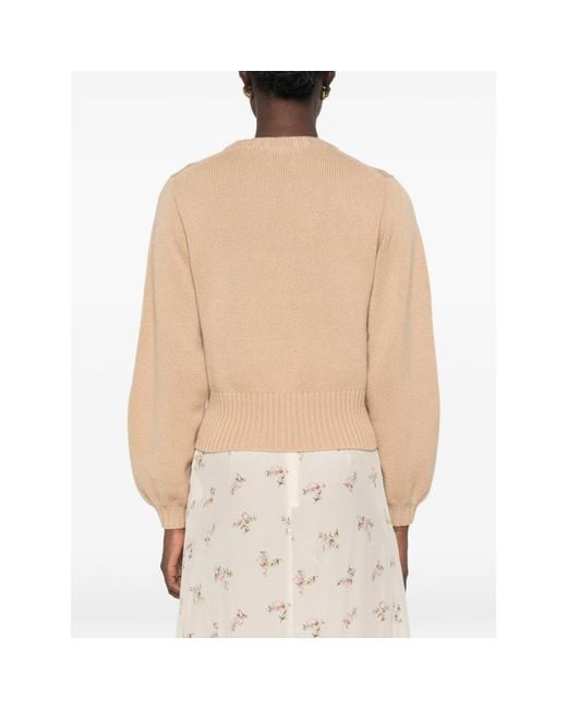 Allude Natural Ribbed-Trim Long-Sleeve Sweater