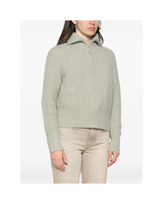 Allude Green Ribbed-Knit Zip-Up Sweater