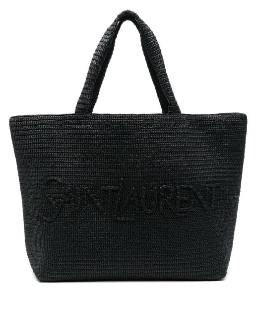 Saint Laurent Black Logo-Embossed Raffia Tote Bag