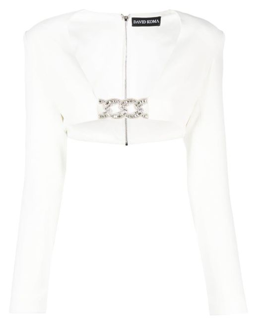 David Koma White Crystal-embellished Cropped Jacket