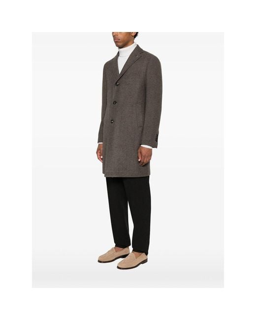 Tagliatore Brown Herringbone-Pattern Single-Breasted Coat for men