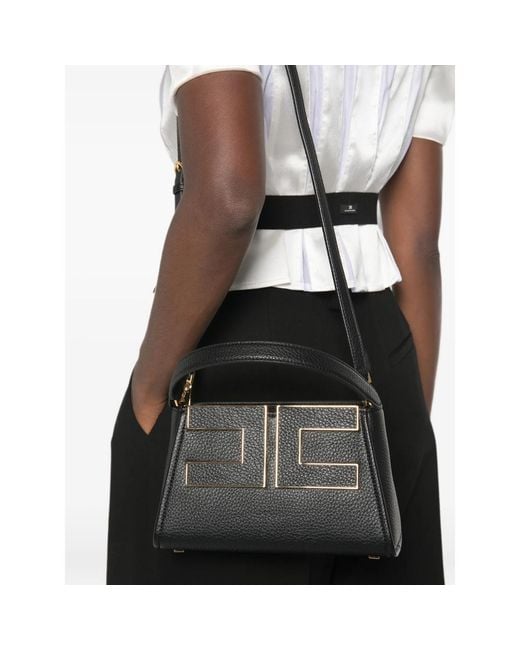 Elisabetta Franchi Black Logo-Plaque Pebbled-Effect Tote Bag